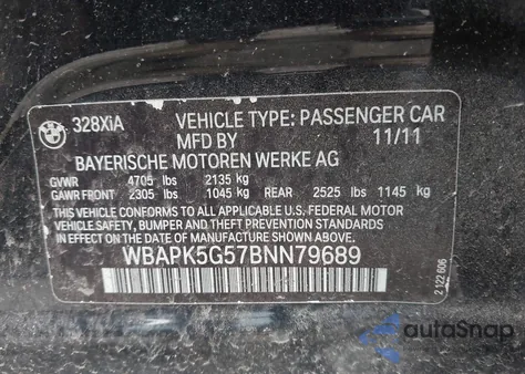 2011 BMW 328 Xi Sulev z USA, uszkodzony, nr VIN WBAPK5G57BNN79689